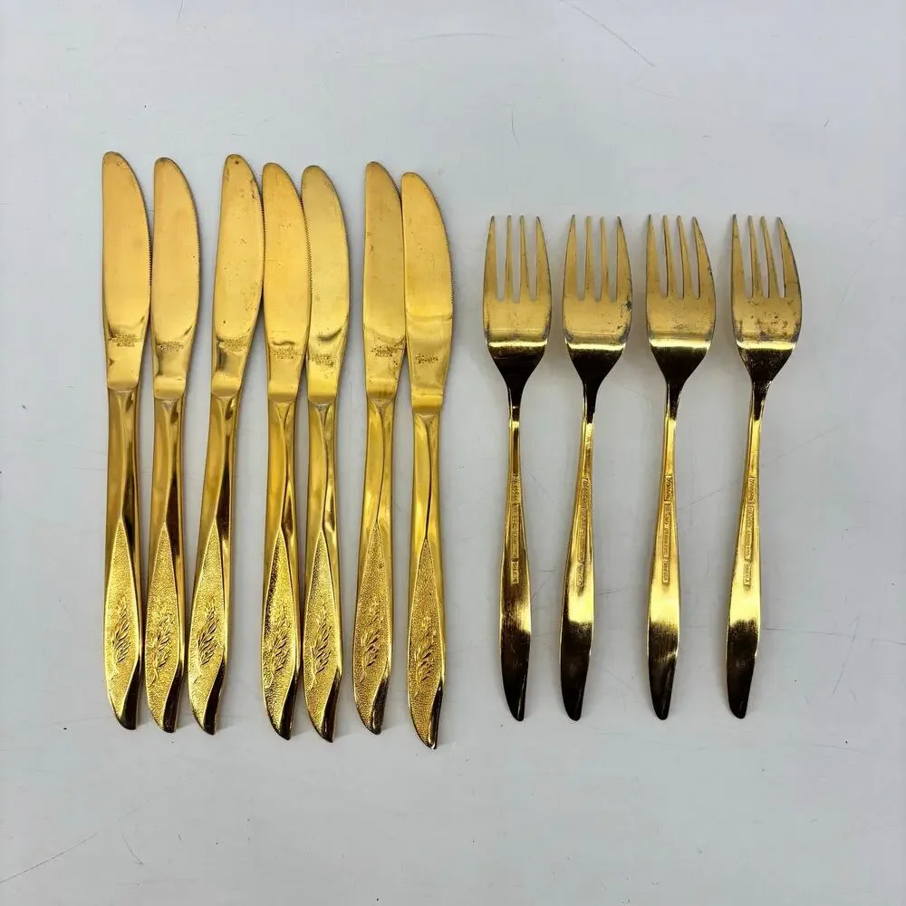 Vassar Nasco Stainless Steel Flatware Gold Tone Wheat Leaves 80s Knifes Forks